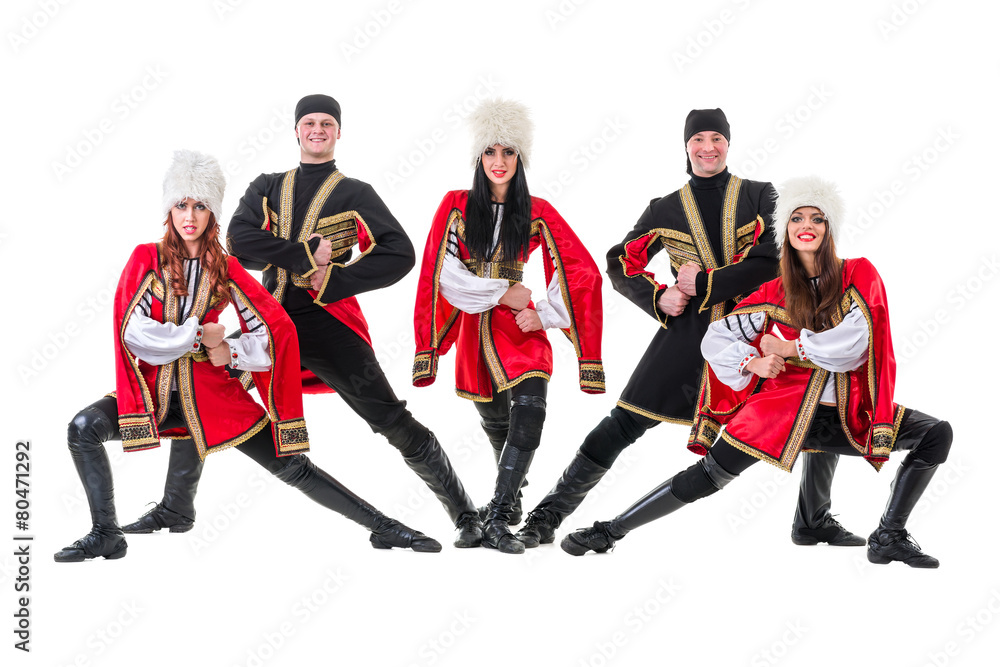 dancer team wearing a folk Caucasian highlander costumes dancer team wearing a folk Caucasian highlander costumes