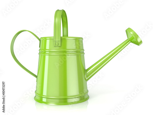 Green watering can 3D render isolated white background. Side