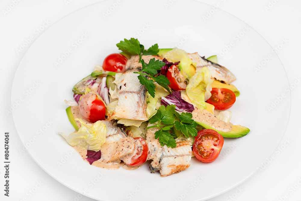 The fresh salad with avocado and smoked eel The fresh salad with avocado and smoked eel