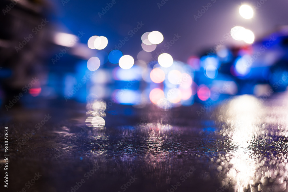 City night lights at the rain