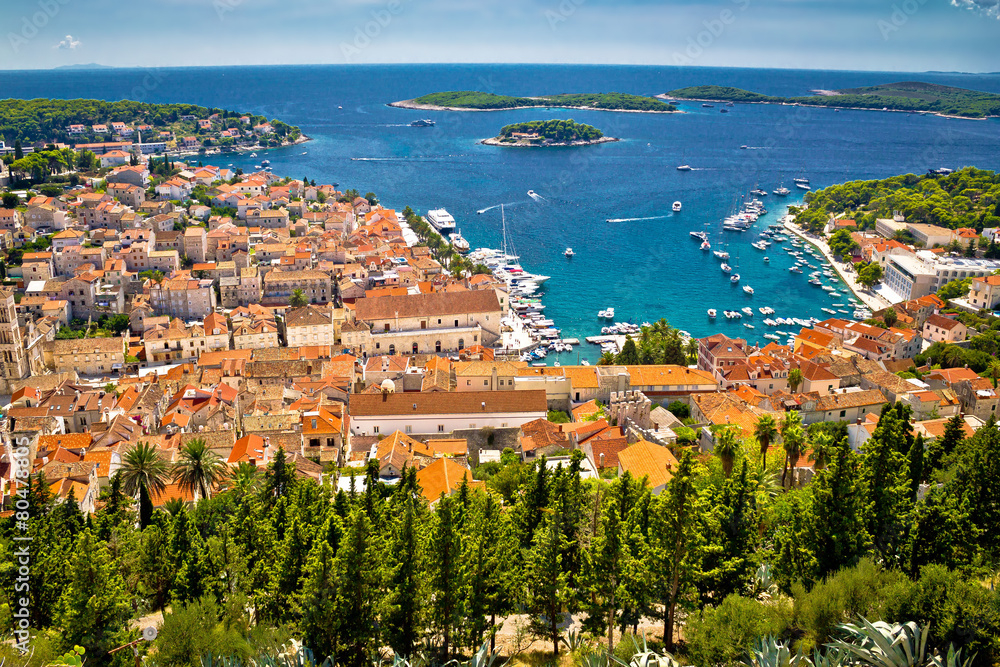 Aerial view of Hvar rooftops and harbor