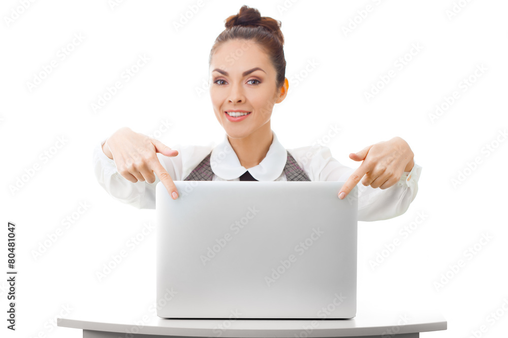Bussines woman smiling showing white blank sign laptop Bussines woman smiling showing white blank sign laptop