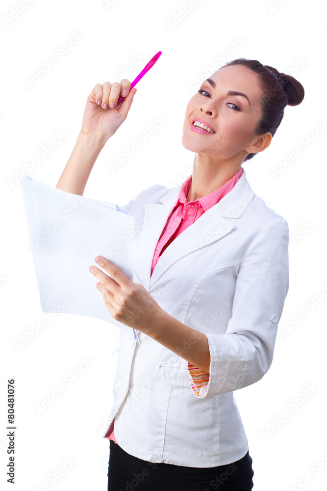 Friendly woman holding papers. All isolated on white background. Friendly woman holding papers. All isolated on white background.