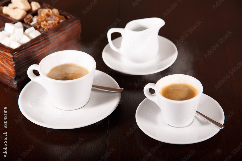 Coffee, milk and sugar on wooden surface , toned Coffee, milk and sugar on wooden surface , toned