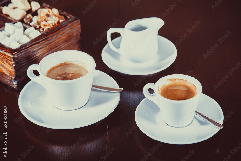 Coffee, milk and sugar on wooden surface , toned Coffee, milk and sugar on wooden surface , toned