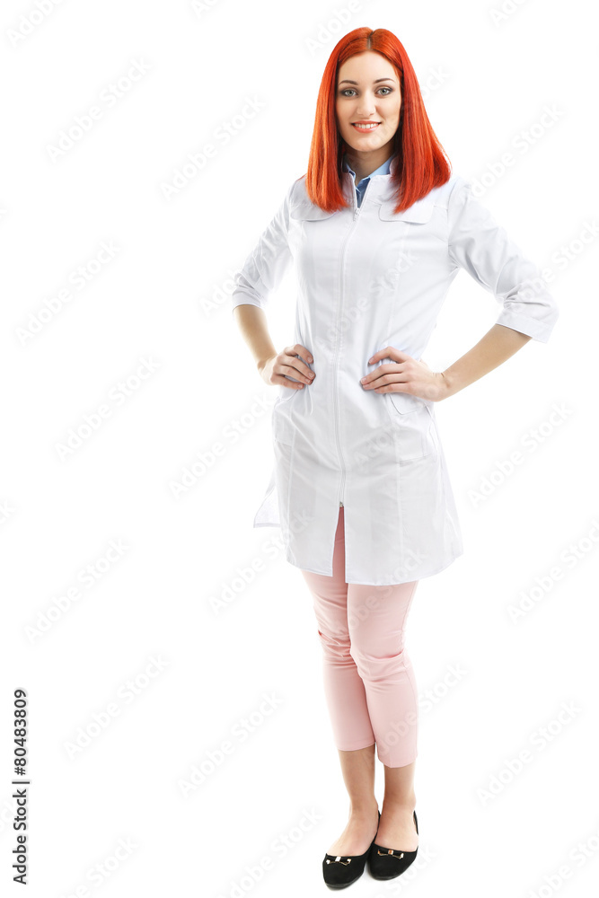 Young beautiful doctor isolated on white Young beautiful doctor isolated on white