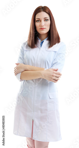 Young beautiful doctor isolated on white