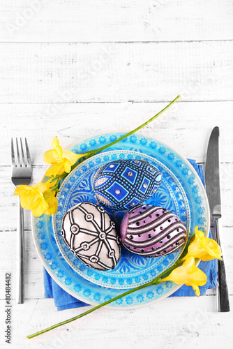 Easter table setting with Easter eggs close up