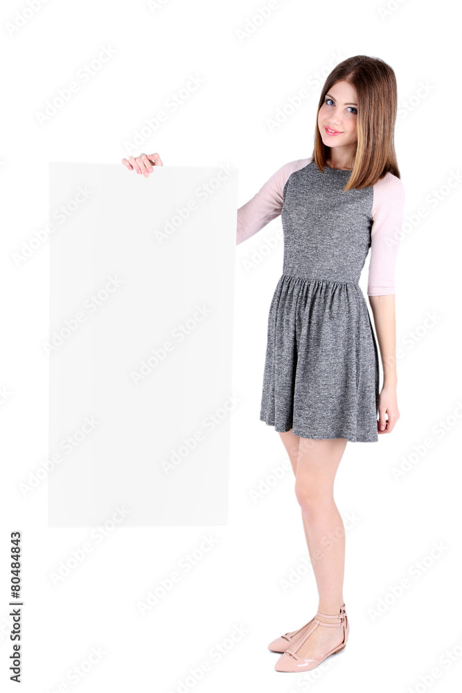 Beautiful young woman holding blank poster isolated on white Beautiful young woman holding blank poster isolated on white