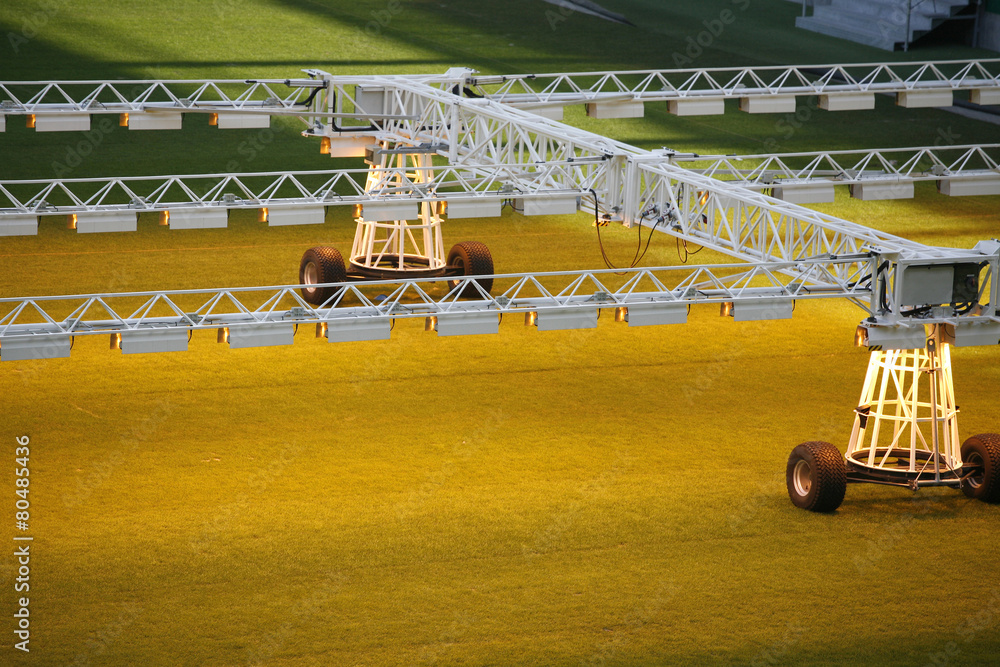 Lighting rig system for growing grass and lawn at stadium Stock Photo