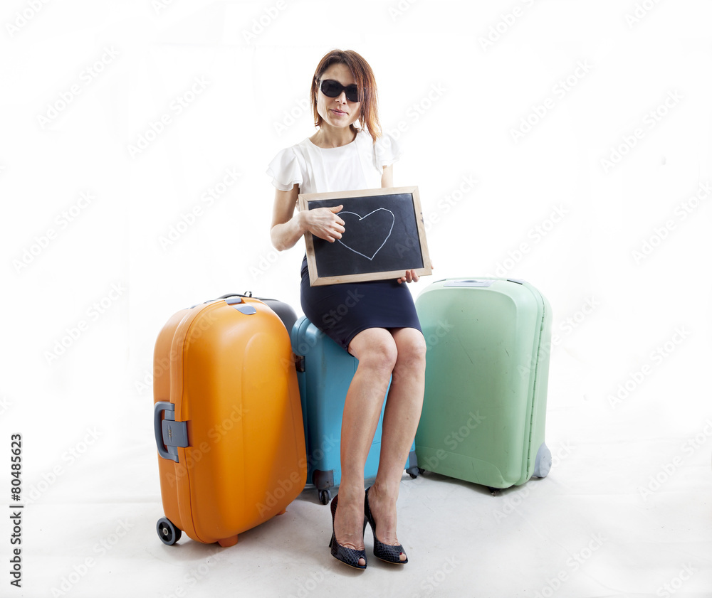 businesswoman with her suitcases waiting for love businesswoman with her suitcases waiting for love