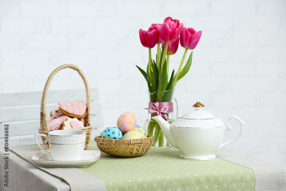 Easter table setting, on light background Easter table setting, on light background