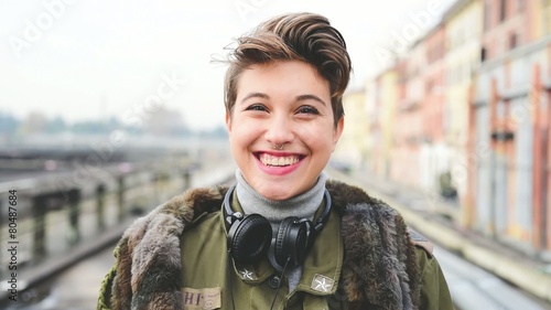 young beautiful short hair hipster woman in town smiling