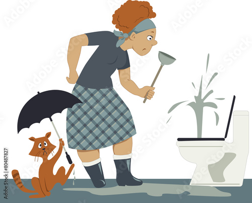 Woman fixing a leaking plugged toilet