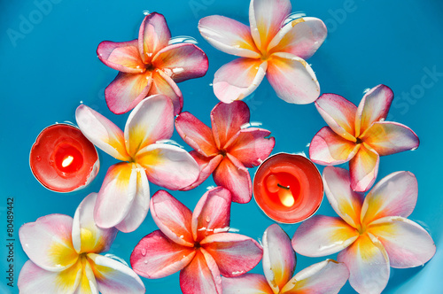 Many frangipani flowers with two red candle in the blue water