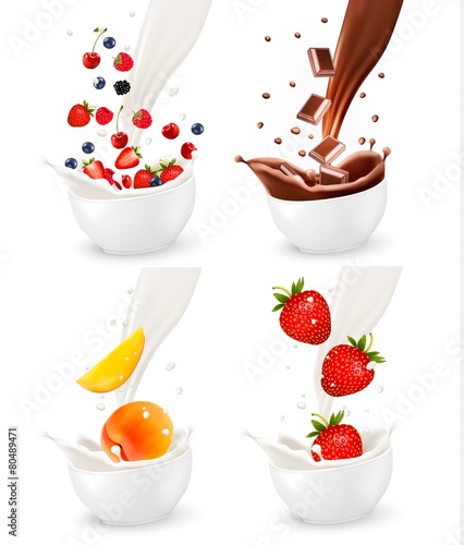 Colorful fresh fruits and chocolate falling into the milky splas