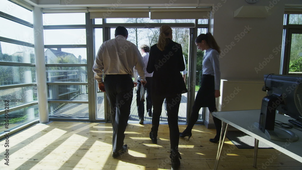 Business team meeting in office with natural outdoor area Business team meeting in office with natural outdoor area