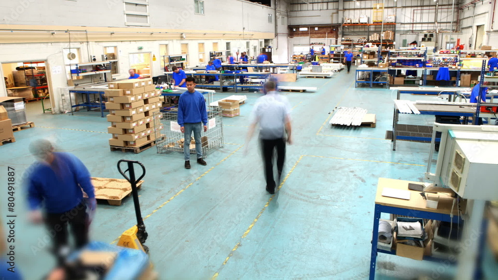 Time lapse of male workers in warehouse preparing goods for dispatch
