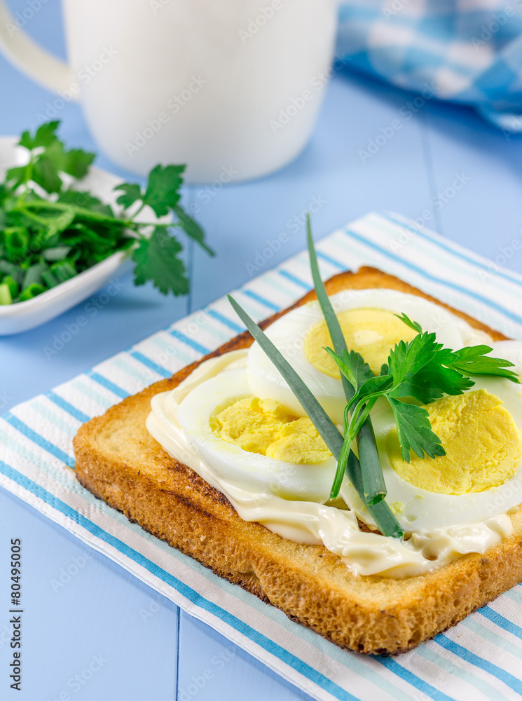 Breakfast sandwich with eggs, parsly and green onion Breakfast sandwich with eggs, parsly and green onion