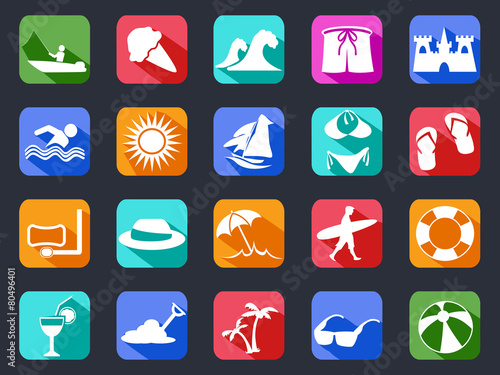 summer beach flat icons set with long shadow