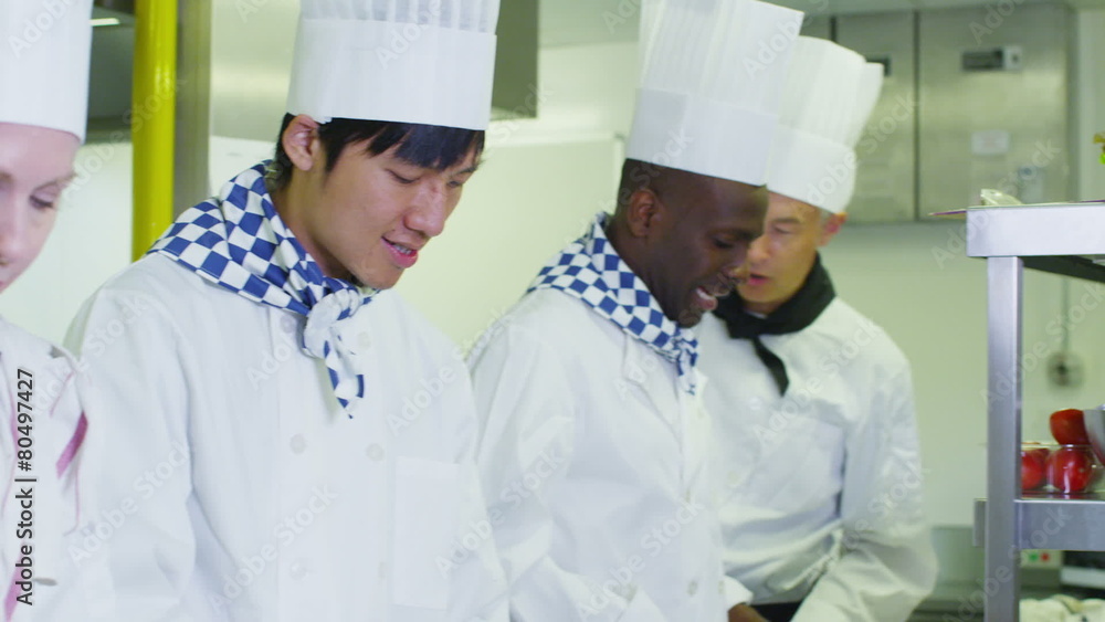 Team of professional chefs preparing food in a commercial kitchen Team of professional chefs preparing food in a commercial kitchen