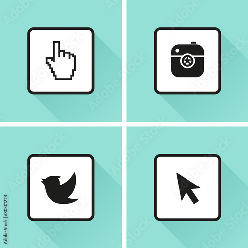 Social media icons. Set. Photo or camera, bird, cursor and pixel