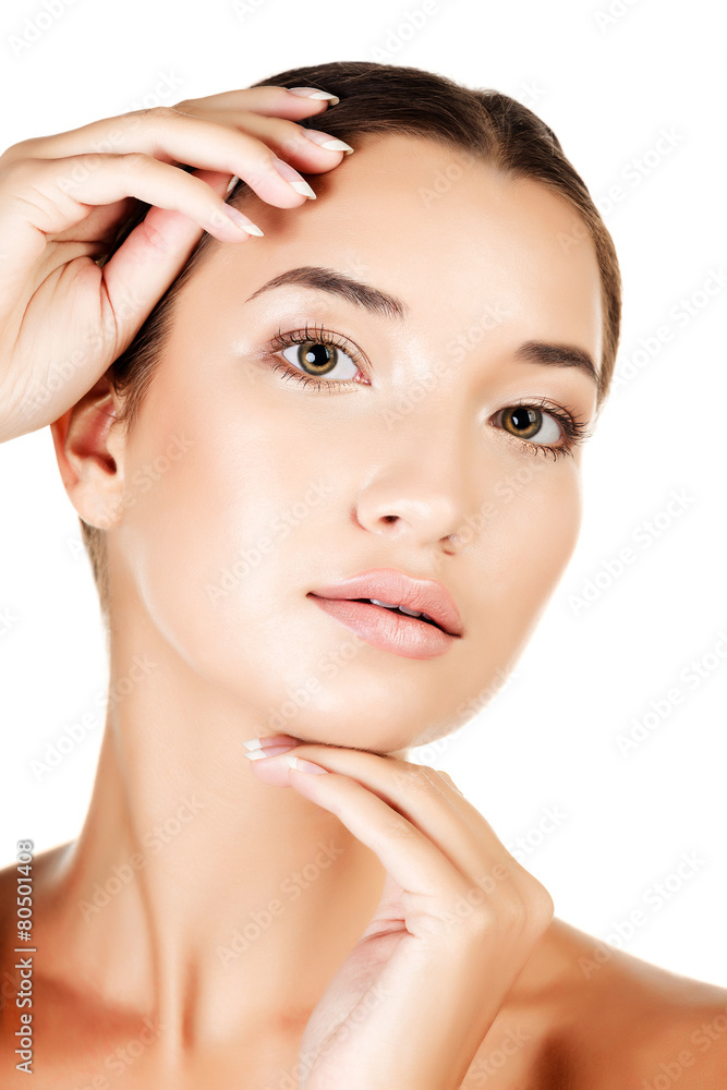female face and hands, white background, copyspace female face and hands, white background, copyspace