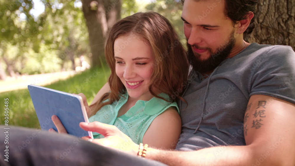 Loving couple using a digital tablet in a park together Loving couple using a digital tablet in a park together