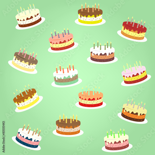 9 different colorful cakes vector illustration