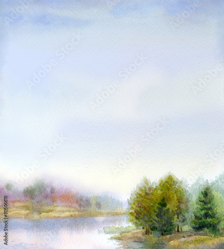 Watercolor landscape. Gorgeous evening on the forest lake