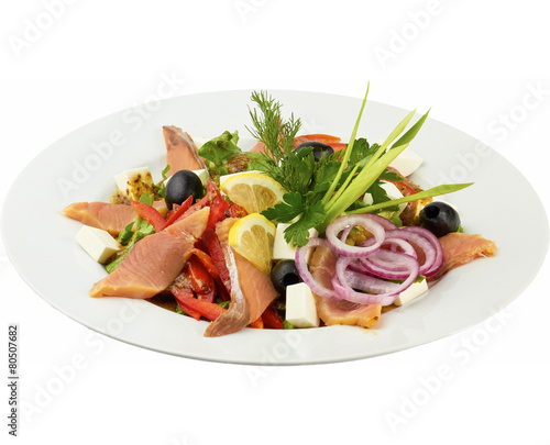 Salad with tasty salmon, cheese and olives