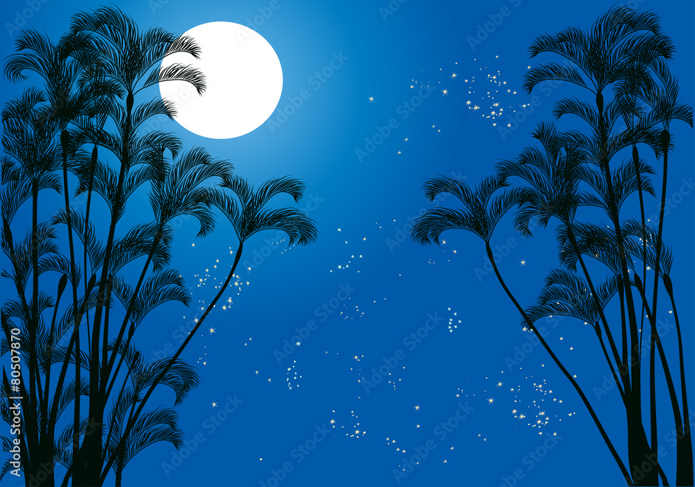 Naklejka premium palm tree silhouettes under moon