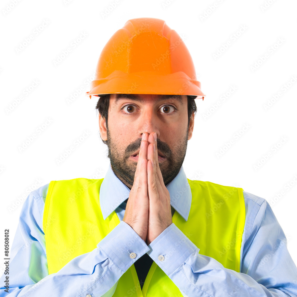 worker pleading over white background worker pleading over white background