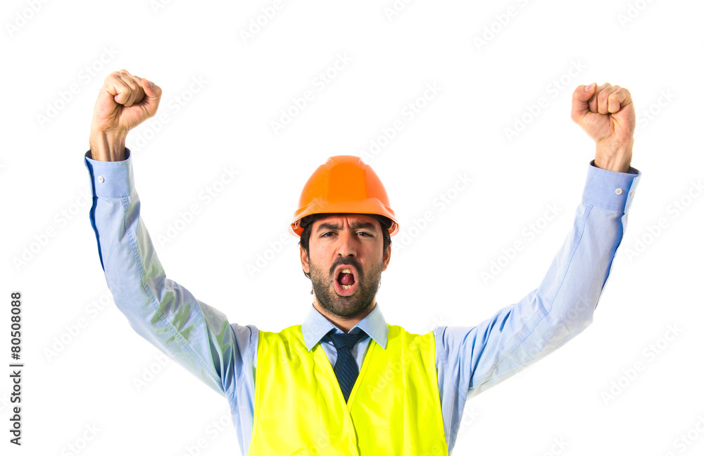 workman doing victory gesture workman doing victory gesture
