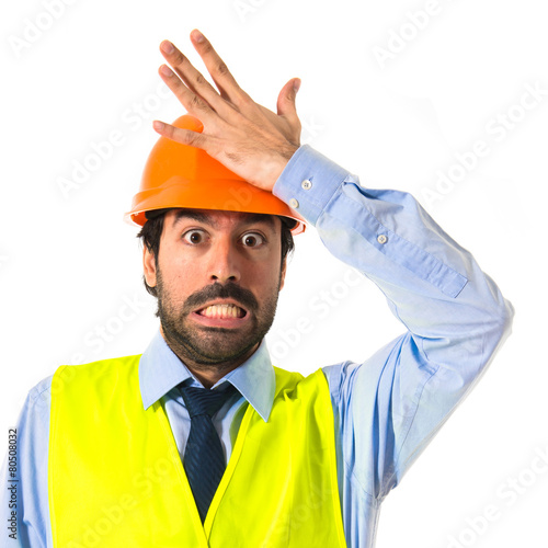 worker having doubts over white background