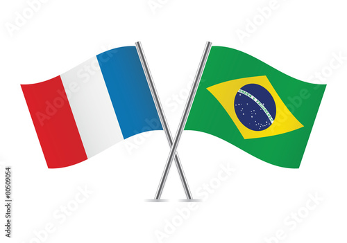 French and Brazilian flags. Vector illustration.