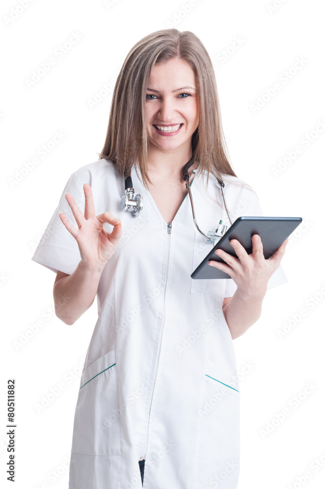 Woman doctor showing ok, perfect or good sign Woman doctor showing ok, perfect or good sign