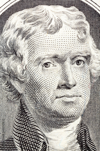 Portrait on macro of Thomas Jefferson from the two dollar bill.