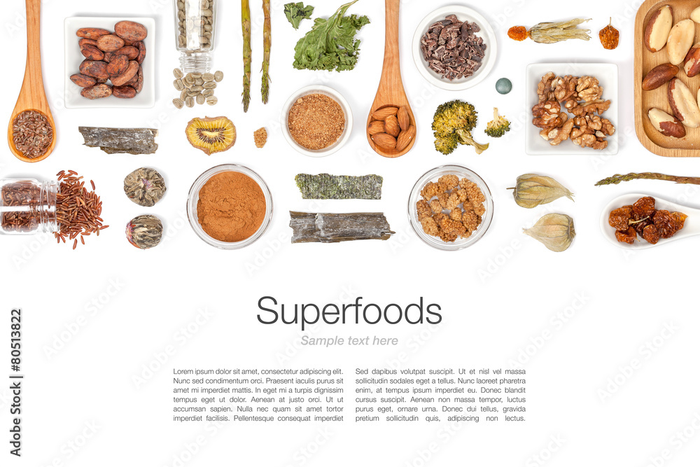 various superfood on white background top view various superfood on white background top view