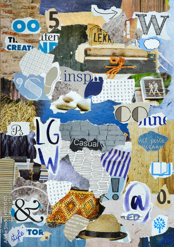Mood board made of magazines in blue, grey and wooden colors