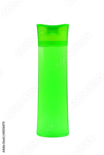 Green shampoo bottle, isolated on white background