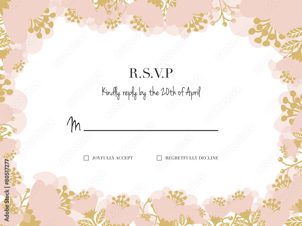 RSVP wedding card with flower frame. Vector design.