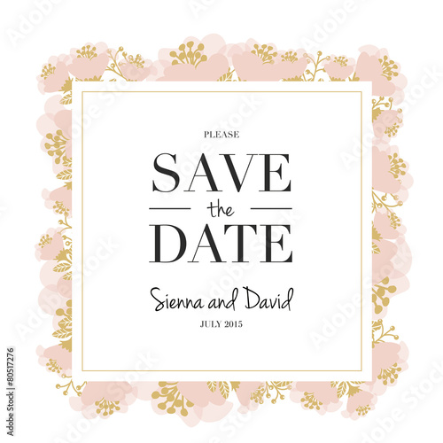 Save the Date Card with floral and gold frame. Vector design.