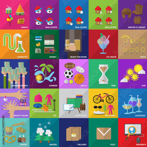 Flat Icons Set: Vector Illustration, Graphic Design. Collection Of Colorful Icons. For Web, Websites, Print, Presentation Templates, Promotional, Mobile Applications And Promotional Materials