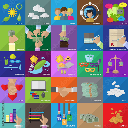Flat Icons Set: Vector Illustration, Graphic Design. Collection Of Colorful Icons. For Web, Websites, Print, Presentation Templates, Promotional, Mobile Applications And Promotional Materials
