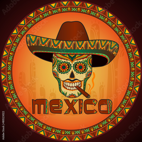 Traditional mexican scull with sombrero