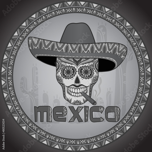 Traditional mexican scull with sombrero
