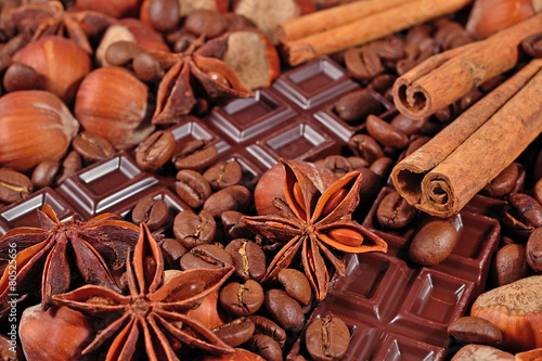 Coffee, chocolate, star anise, hazelnuts and cinnamon sticks clo © sss615
