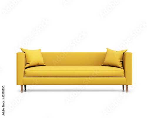 Isolated contemporary yellow sofa with cushions photo