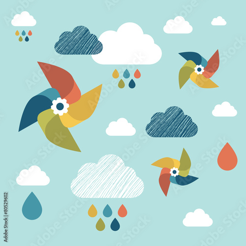Kids wall paper pattern. Colored pinwheel and clouds.